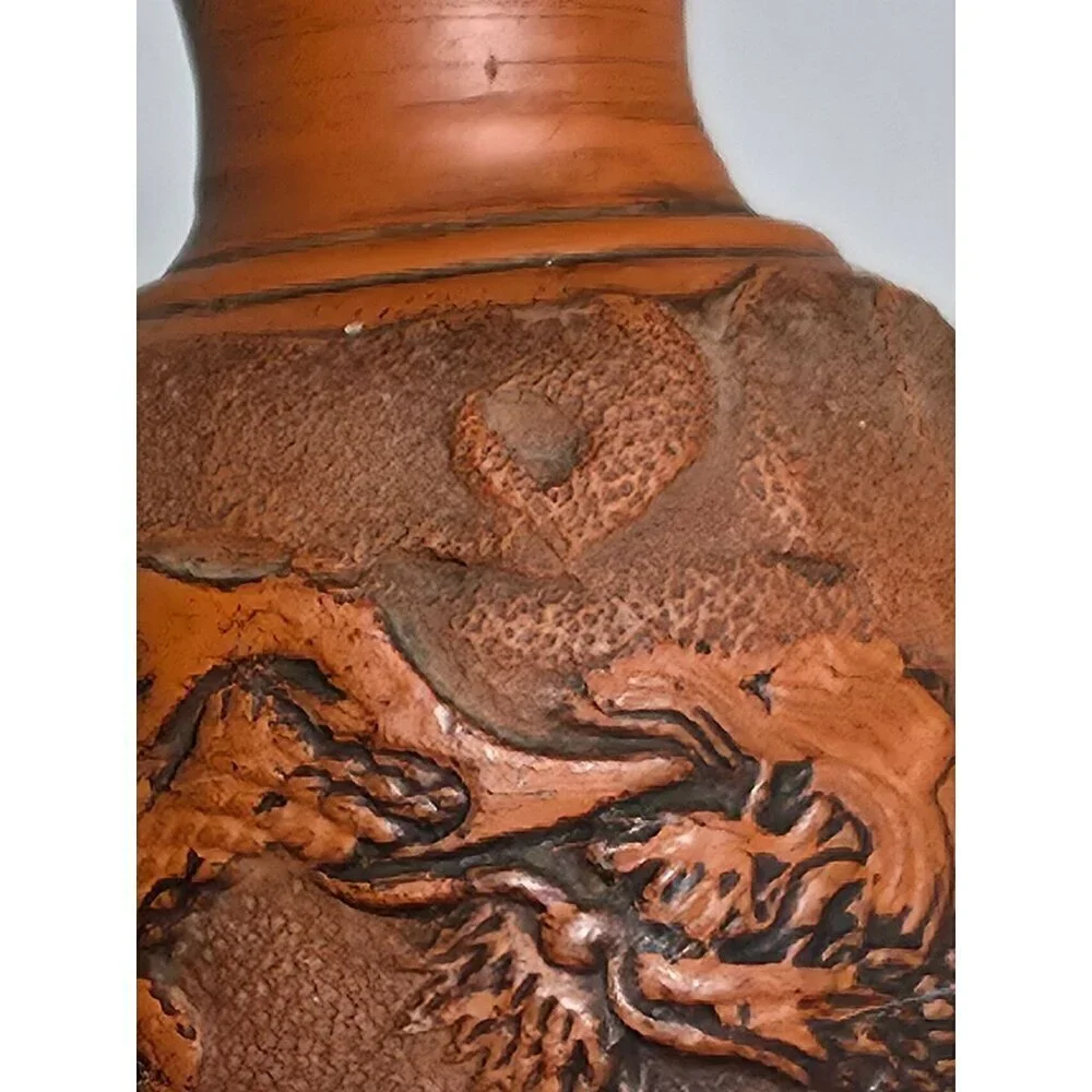 Tokonama Red Clay Dragon Motif Vase Textured Finish Intricate Dragon Carvings